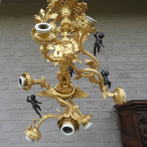 Stunning french bronze brass 6 putti cherub angel chandelier lamp