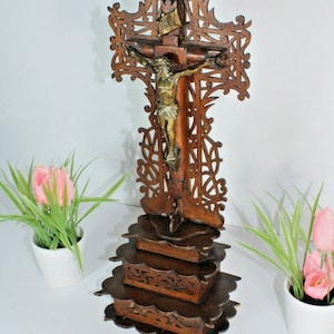 Antique french wood cut religious crucifix cross