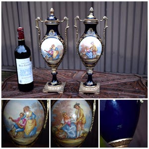 Pair vintage sevres style porcelain vases romantic decors marked