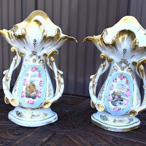 Antique pair vieux paris porcelain vases hand paint decor