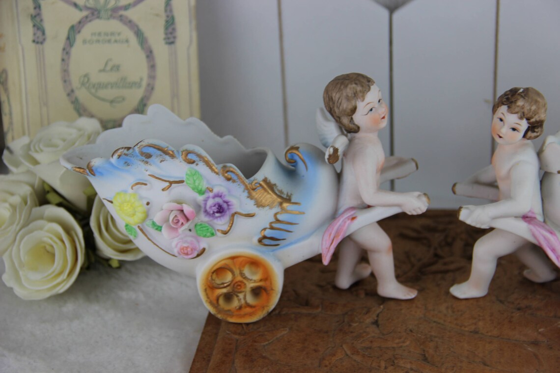PAIR GERMAN Bisque porcelain putti cherubs carriage figurines image 2