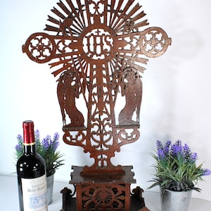 Antique wood cut religious crucifix archangels angels