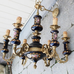French limoges cobalt blue porcelain chandelier floral decor 1970 rare lamp