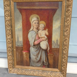Ancien panneau à l&#39;huile 1906 tableau religieux vierge enfant