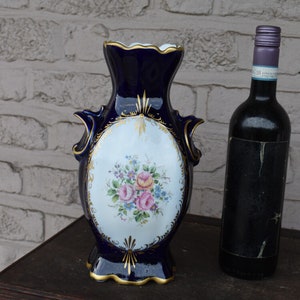 Vintage cobalt blue limoges porcelain vase floral decor