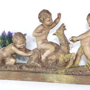 Xl antique art deco cipriani signed terracotta putti cherub figurine goat statue