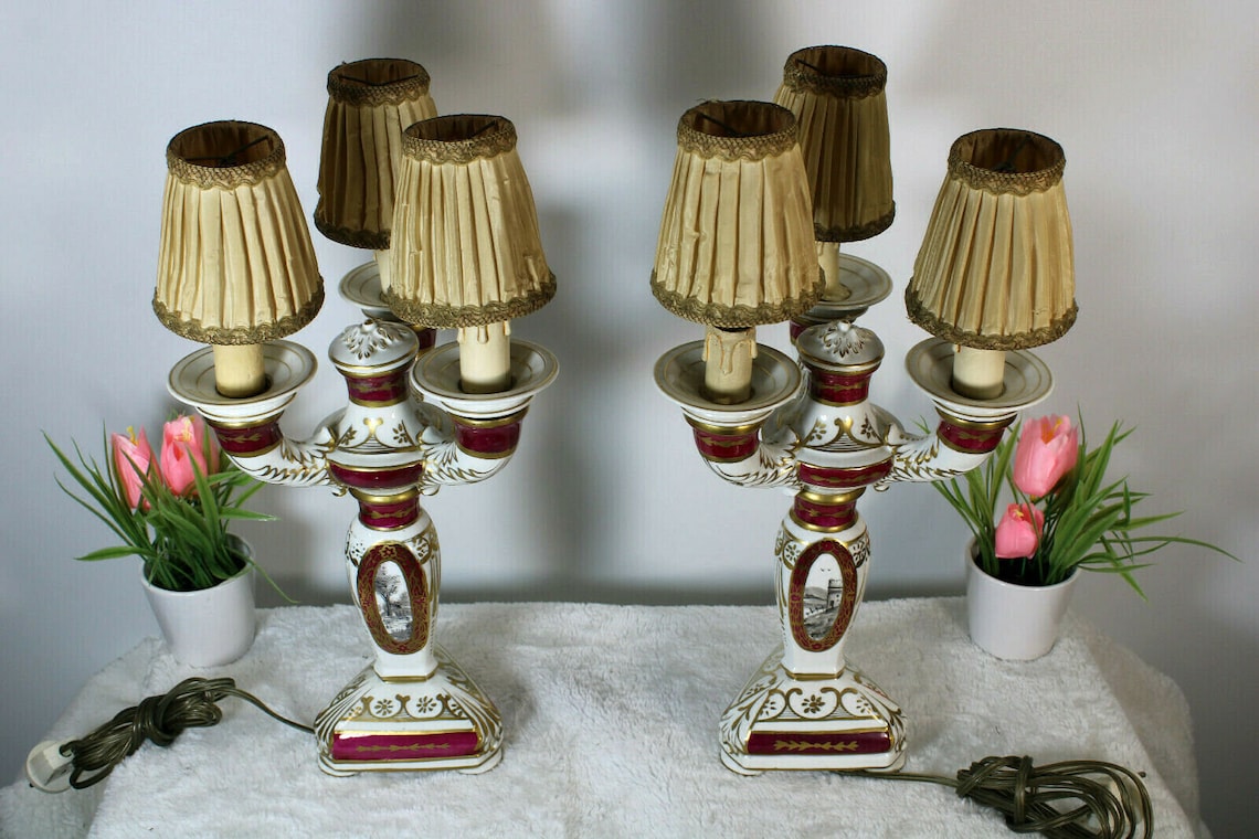 Pair French Limoges Porcelain Lamps Landscape Decor Marked Etsy