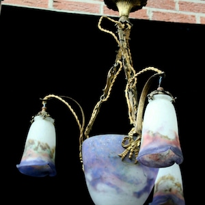 Antique muller freres luneville 3 arm chandelier lamp glass paste shades signed