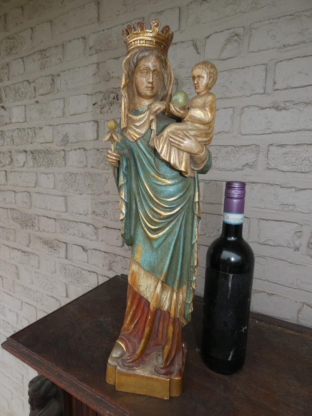 Antique French Wood Carved Polychrome Madonna Child Statue Sculpture - Etsy