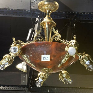 Vintage french alabaster amber bowl chandelier bronze brass 1960