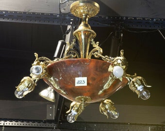 Vintage french alabaster amber bowl chandelier bronze brass 1960