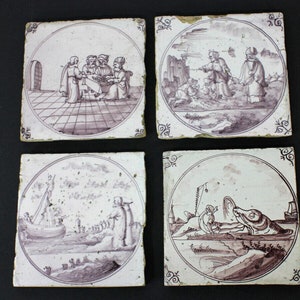 Set 4 antique delft religious scenes manganese pottery tiles 1800s