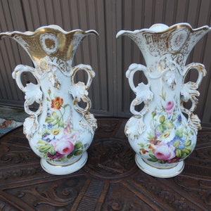 Pair antique vieux paris porcelain floral decor vases