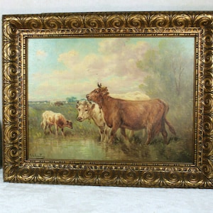 Antique flemish listed paul henry schouten oil panel signed painting cows field