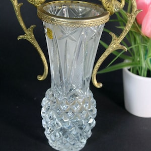 Vintage crystal glass vase  brass frame