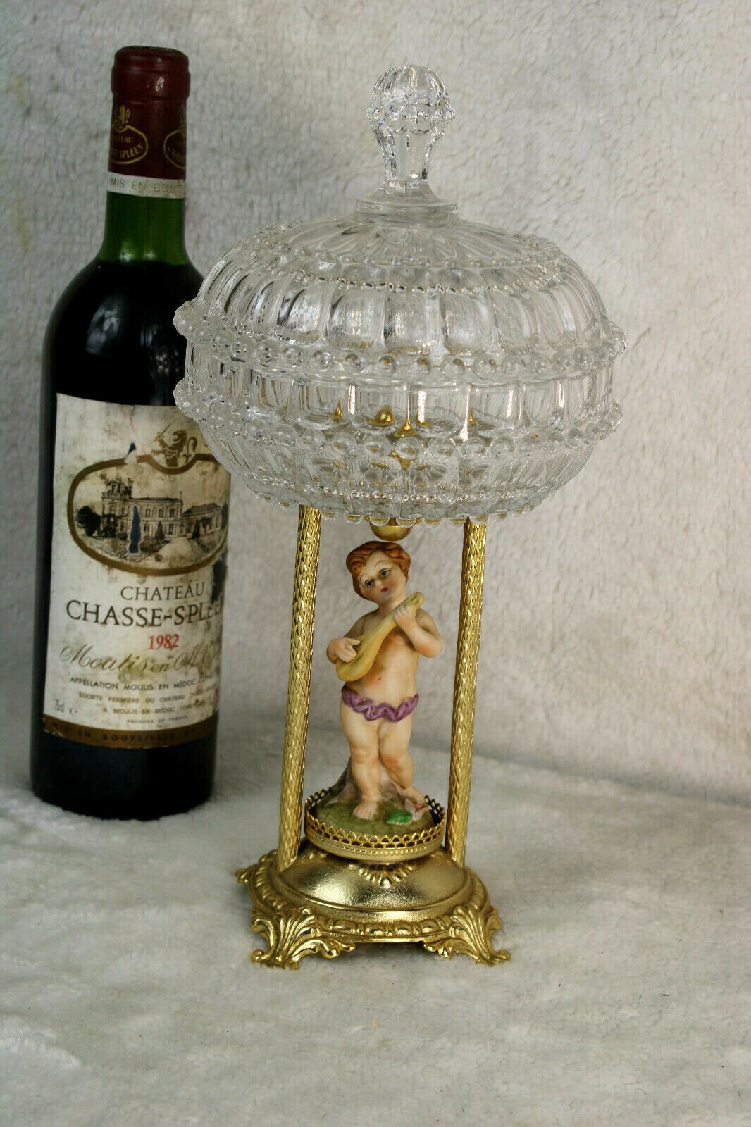 Vintage french centerpiece bonbonniere glass lidded box porcelain putti cherub