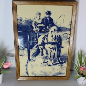 Vintage delft pottery blue white tiles panel