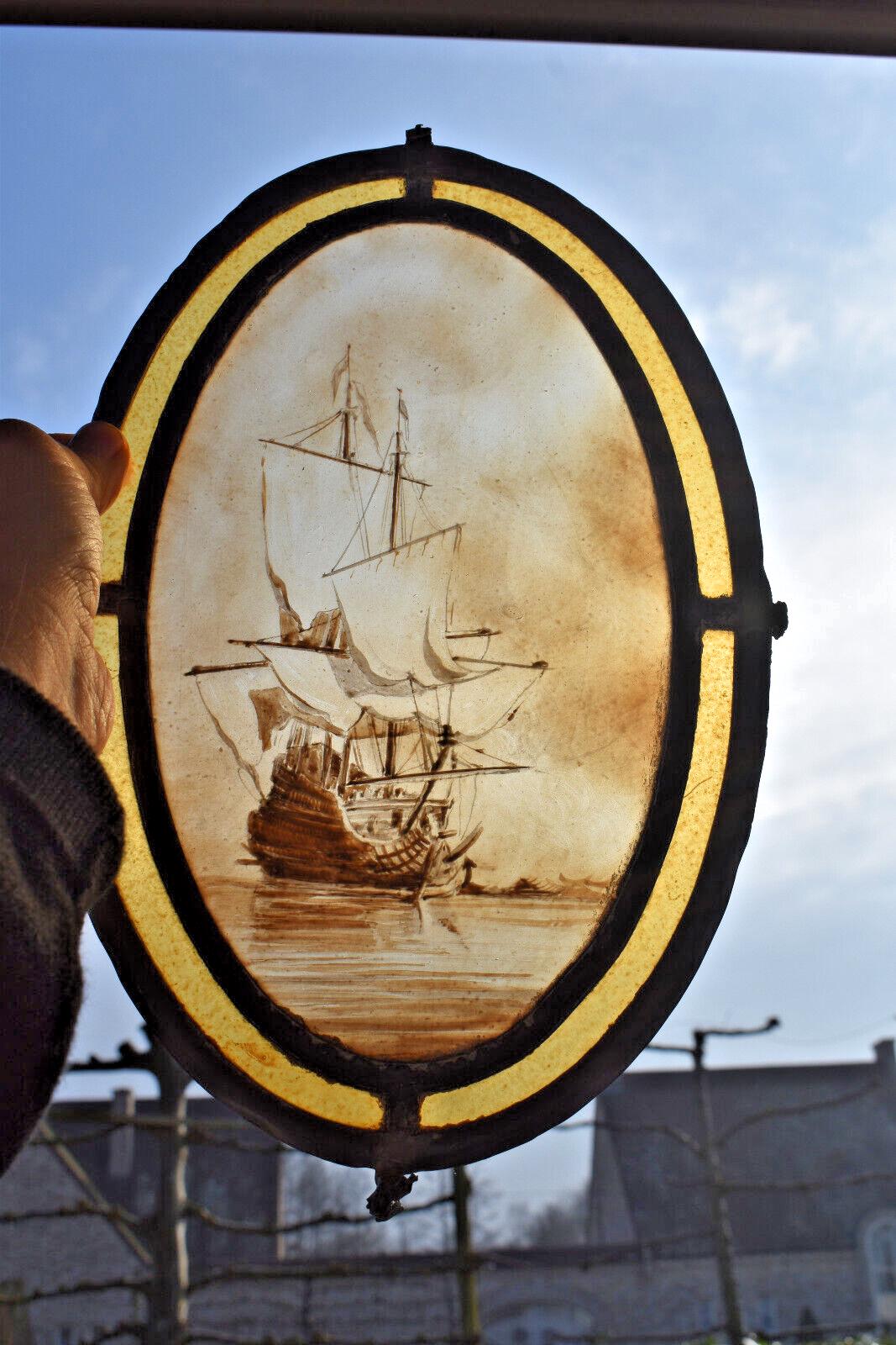 Antique dutch stained glass window panel plaque boat maritime scene