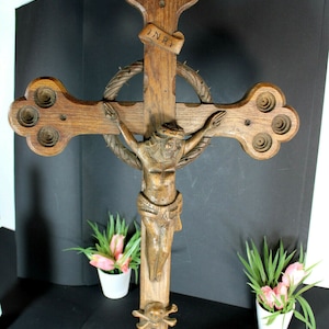 Antique xl crucifix wood carved religious rare