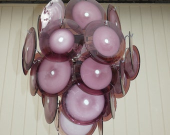 Gino vistosi large murano purple glass 36 discs italian chandelier lamp 1960