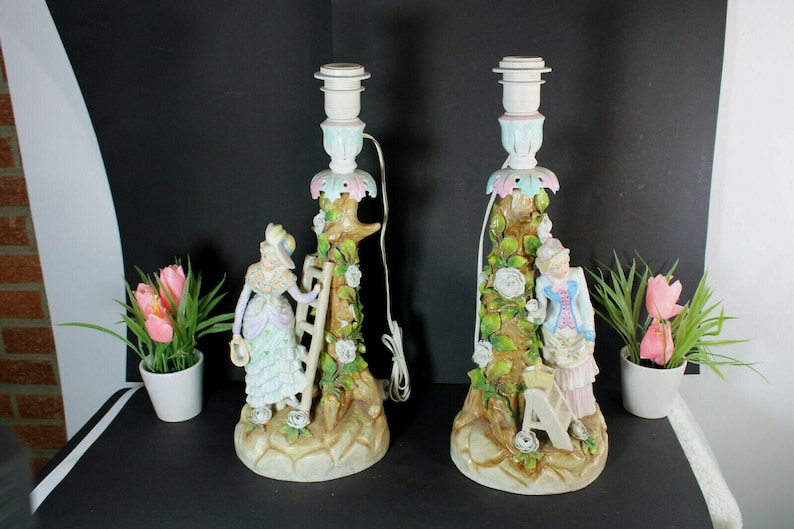 Pair Antique German Porcelain Figurine Table Lamps Romantic - Etsy
