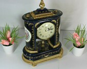 Vintage limoges cobalt blue porcelain victorian scene mantel clock