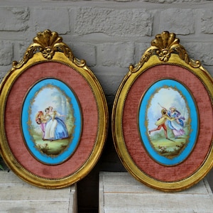 Antique pair wall panel sevres porcelain plaque romantic scene framed rare