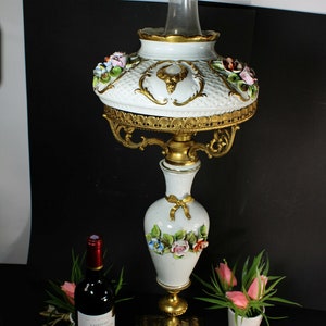 Xl french porcelain faience table lamp floral decor ram heads