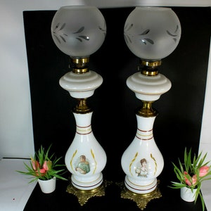 Pair opaline white napoleon josephine portrait oil petrol lamps