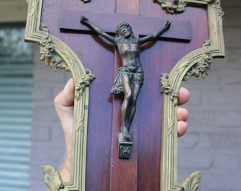Antique french bronze wood wall crucifix frame plaque holy spirit rare