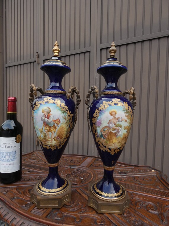Pair Antique Sevres Style Cobalt Porcelain Vases Romantic Decor