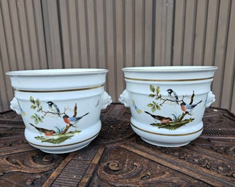 Pair vintage porcelain planter jardiniere birds decor lion heads set