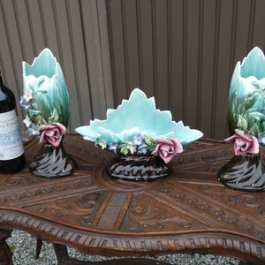 Antique art nouveau barbotine majolica vases floral mantel set