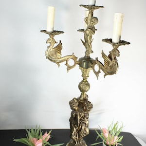 Xl brass onyx marble caryatid graces dragons cherub putti table lamp rare