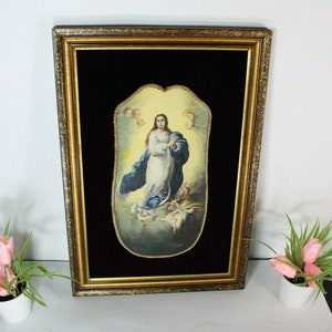 raro Cartón al óleo antiguo madonna putti ángeles pintura medaillon enmarcado