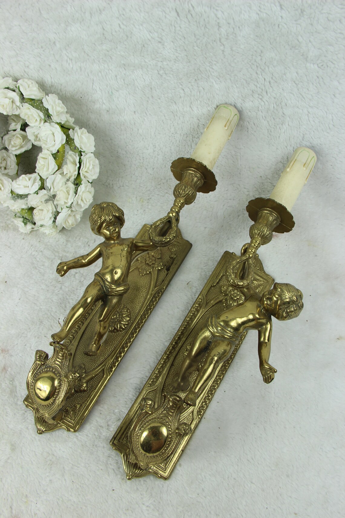 PAIR French vintage bronze Putti angel cherub wall sconces image 0