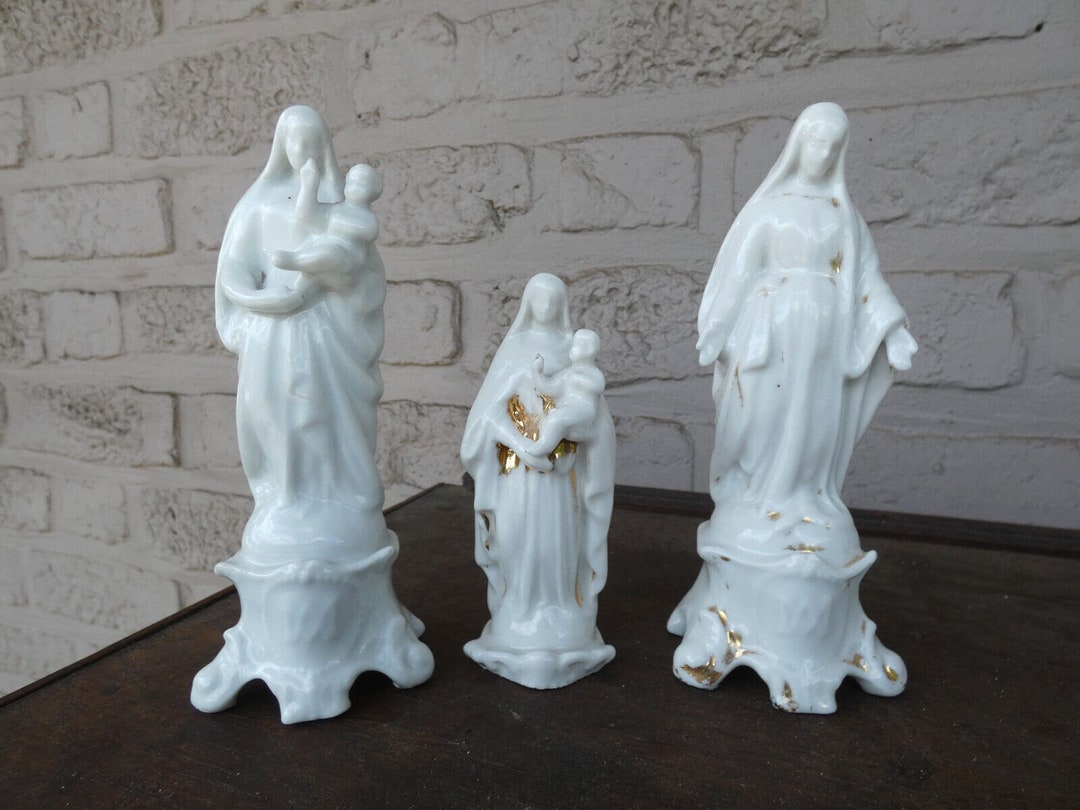 Set 3 Antique French Vieux Paris Porcelain Figurine Statue Mary Madonna ...