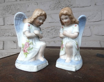 Pair french small angel figurines religious porcelain