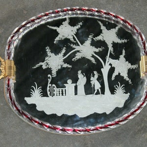 Vintage italian 1970 barovier murano etched mirror glass serving tray plate