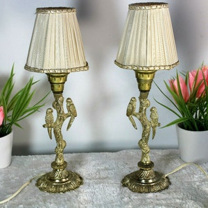 Pair vintage 1970s metal gold gilt parrot bird table lamps