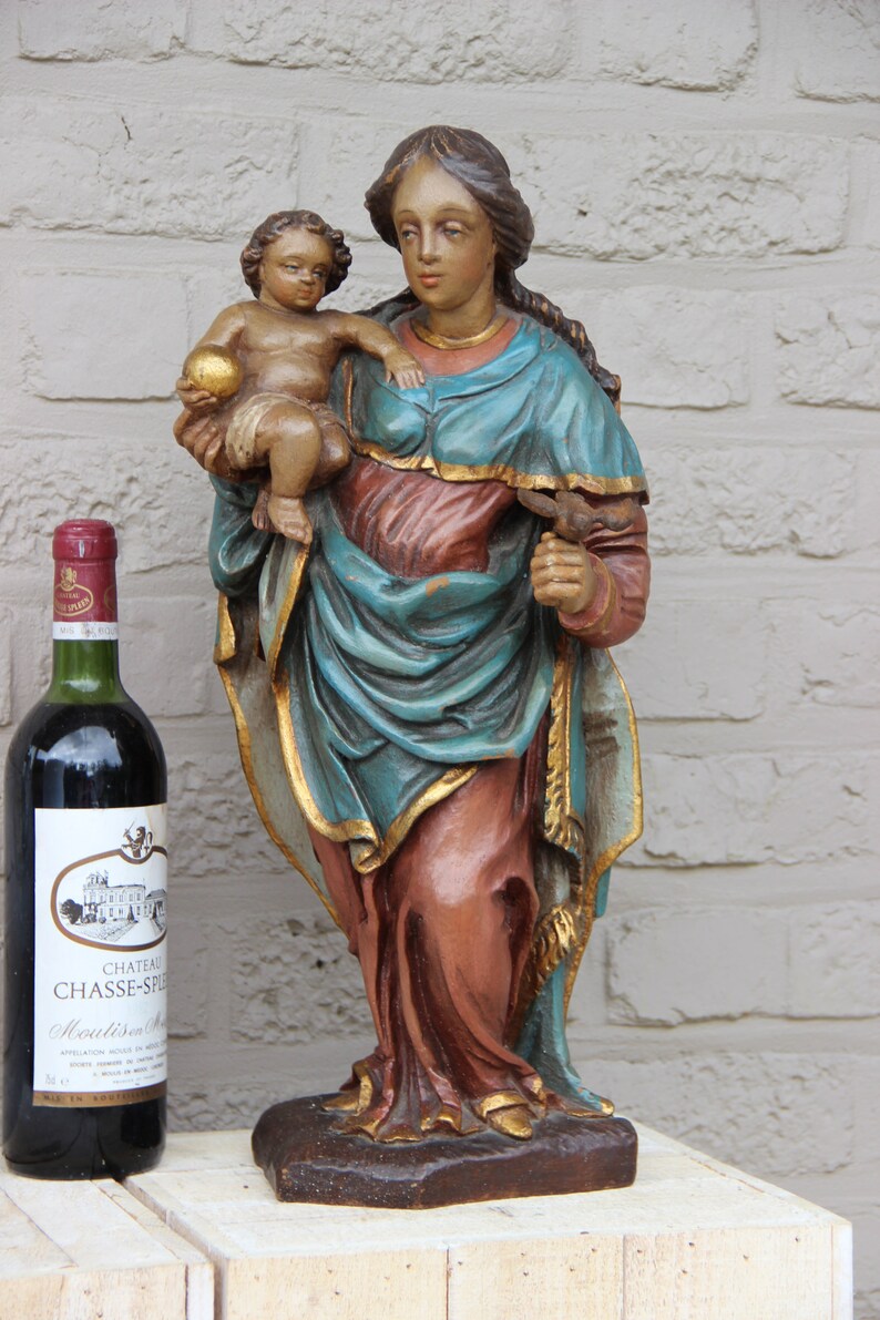 Antique 1934 Wood carved polychrome madonna religious child image 0
