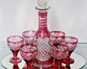 Set bohemia crystal liquor shots glasses caraf detailed ruby red cut on plate