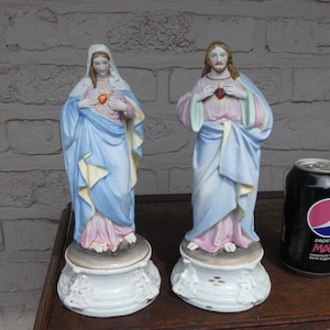 Paar antieke vieux andenne bisque porseleinen heilig hart Maria Jezus beeld