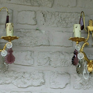 Pair vintage brass coloured glass pendants wall lights sconces