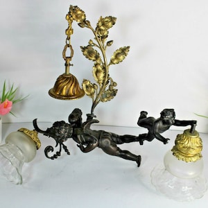 Antique french brass spelter 2 putti cherub chandelier pendant lamp rare