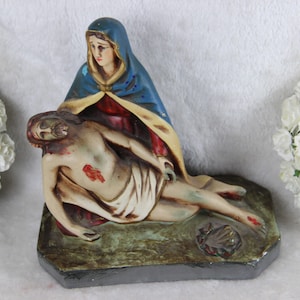 Antique chalkware polychrome pieta jesus christ statue religious group
