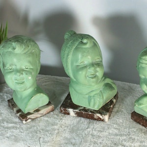 Set 3 art deco chalkware marble base children bust portrait statue