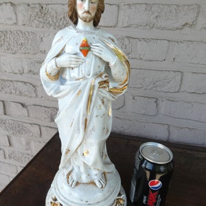 Antique large vieux paris porcelain sacred heart jesus statue figurine