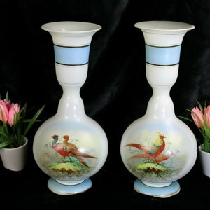 Antique pair french opaline glass vases hand paint pheasant bird scene rare