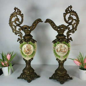 pair antique opaline putti cherub angels pitcher vases